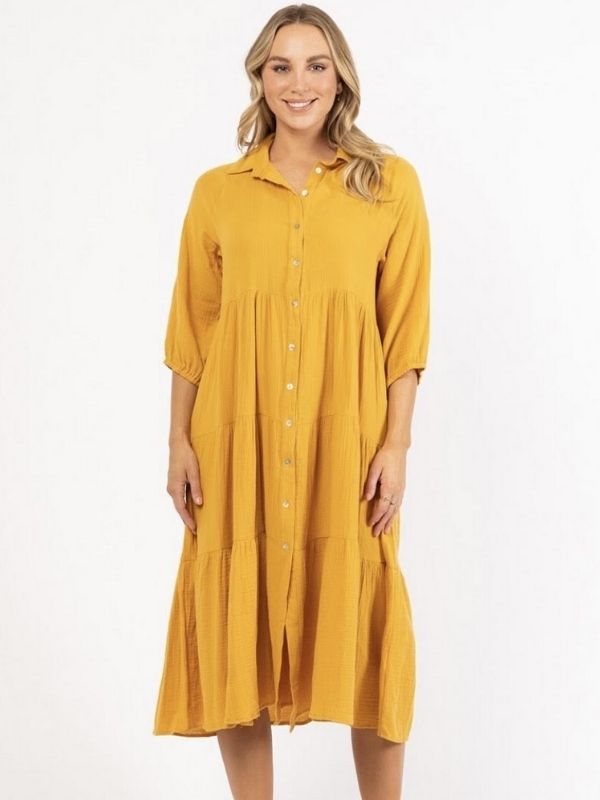 Tiered Cotton Dress - a mustard yellow tiered shirt dress