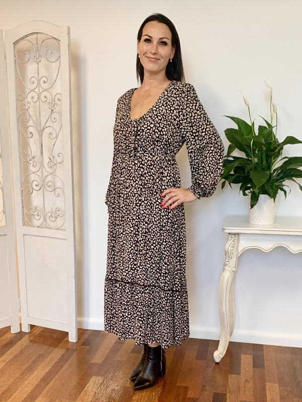 Black Cheetah Maxi Dress - a flattering style suits most shapes